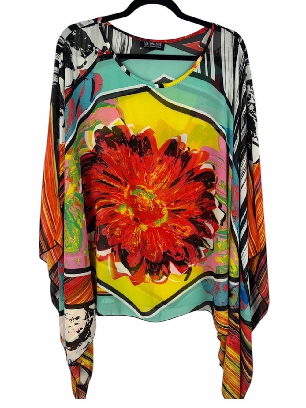 Orange Fashion Village Abstract Floral Poncho Tunic Top One Size
